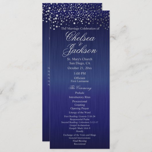 Stijlvol zilveren Confetti Stippen | Blauw - Progr Programmakaart (Voorkant / Achterkant)