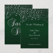 Stijlvol zilveren Confetti Stippen | Donkergroen Save The Date (Voorkant / Achterkant)