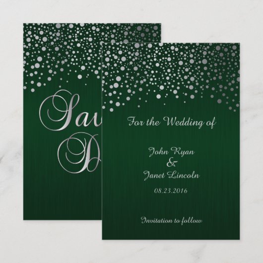 Stijlvol zilveren Confetti Stippen | Donkergroen Save The Date (Voorkant / Achterkant)