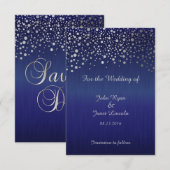 Stijlvol zilveren Confetti Stippen | Sapphire Blue Save The Date (Voorkant / Achterkant)
