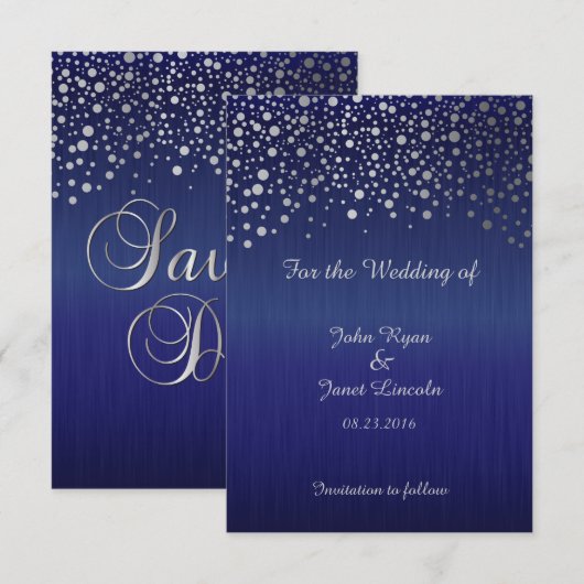 Stijlvol zilveren Confetti Stippen | Sapphire Blue Save The Date (Voorkant / Achterkant)