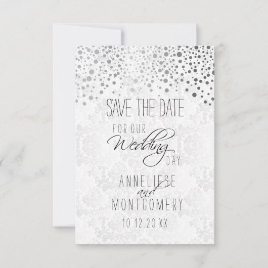 Stijlvol zilveren Confetti Stippen | Witte textuur Save The Date (Voorkant)
