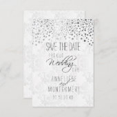 Stijlvol zilveren Confetti Stippen | Witte textuur Save The Date (Voorkant / Achterkant)
