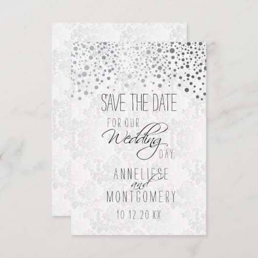 Stijlvol zilveren Confetti Stippen | Witte textuur Save The Date (Voorkant / Achterkant)