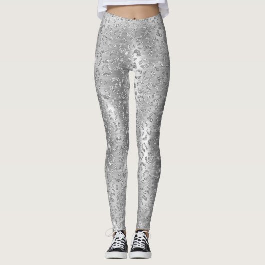 Stijlvol zilveren glitter Wild Leopard Spots Patro Leggings (Voorkant)