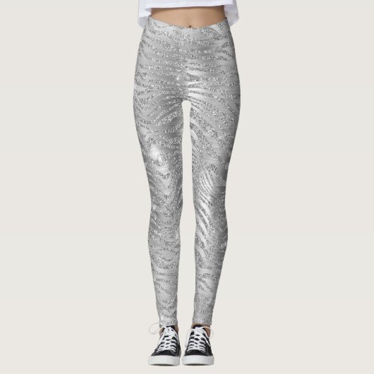Stijlvol zilveren glitter Wild Tiger Stripes Patro Leggings (Voorkant)