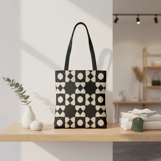 Stijlvol zwart en beige geometrisch patroon tote bag