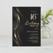 Stijlvol zwart en goud 16e verjaardagsfeest kaart (Staand voorkant)