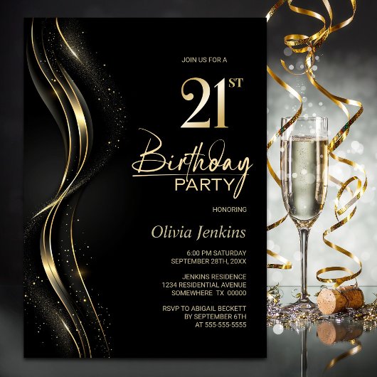 Stijlvol zwart en goud 21e verjaardagsfeest kaart