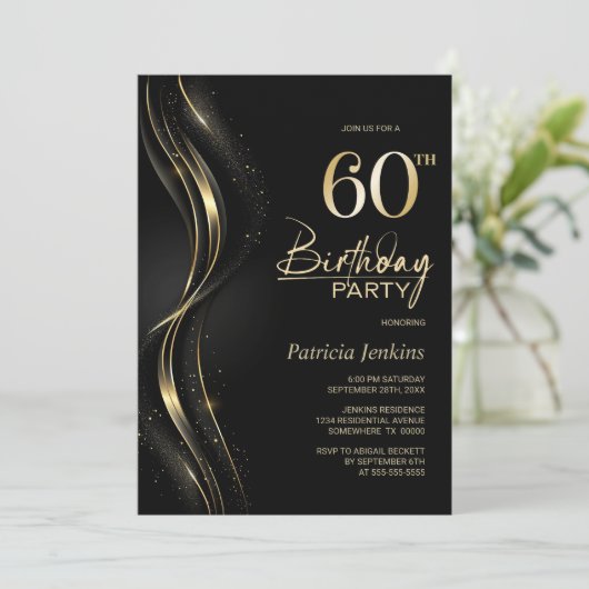 Stijlvol zwart en goud 60ste verjaardagsfeest kaart (Staand voorkant)