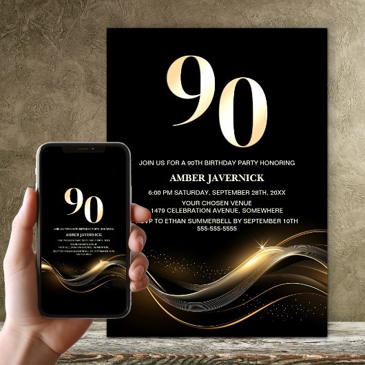 Stijlvol zwart en goud 90ste verjaardagsfeest kaart