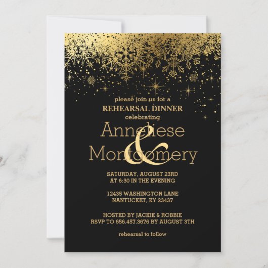 Stijlvol zwart en goud sneeuwvlok repetitie diner kaart (Voorkant)