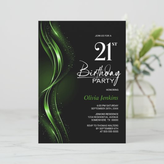 Stijlvol zwart en groen 21e verjaardagsfeest kaart (Staand voorkant)