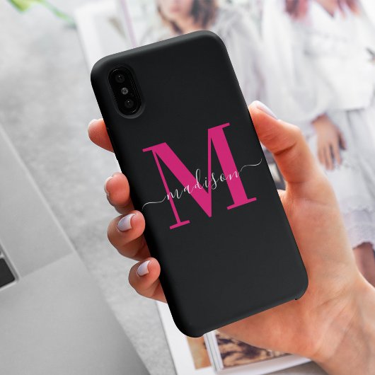 Stijlvol zwart en vet Hot Pink Monogram Initiaal Case-Mate iPhone Case