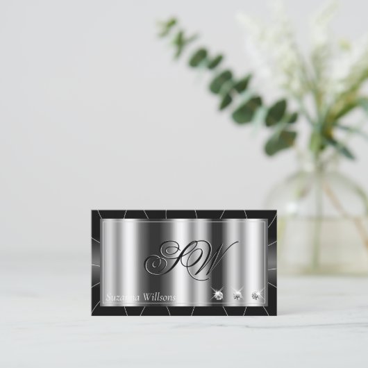 Stijlvol zwart en wit met diamanten en monogram visitekaartje (Staand voorkant)