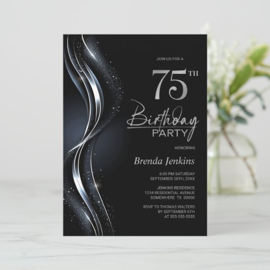 Stijlvol Zwart en Zilver 75ste Verjaardagsfeest Kaart (Staand voorkant)