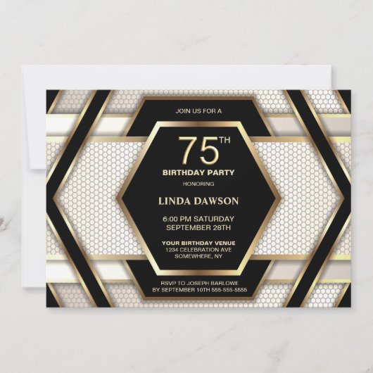 Stijlvol zwart goud 75e verjaardagsfeestje kaart (Voorkant)