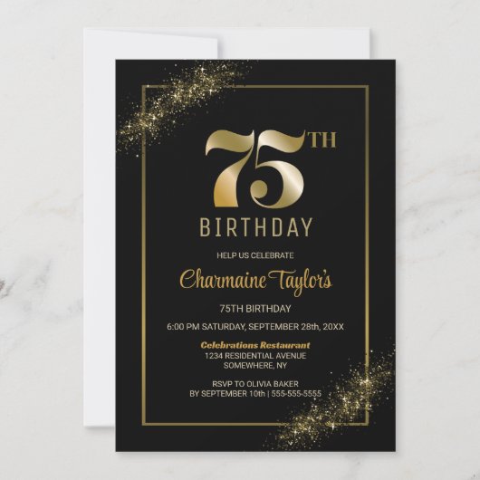 Stijlvol zwart goud 75e verjaardagsfeestje kaart (Voorkant)