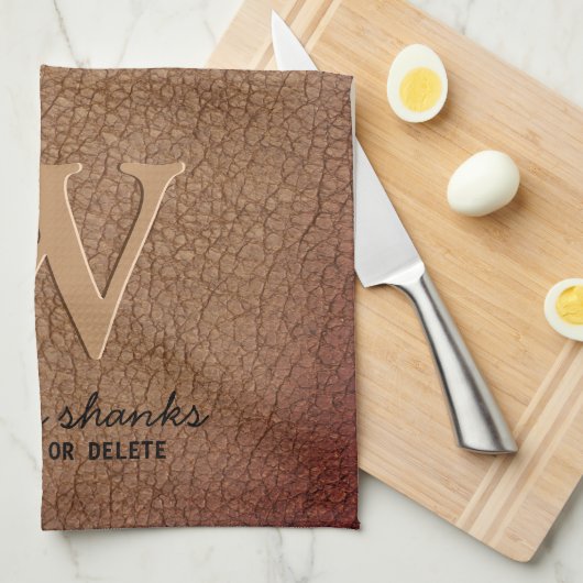 Stijlvol zwart goudmonogram bruin leder theedoek (Quarter Fold)