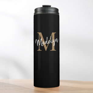 Stijlvol Zwart goudmonogram Meisjesscript Thermosbeker