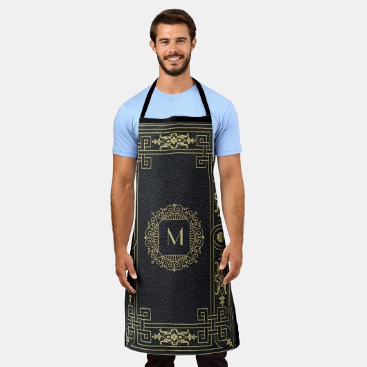 Stijlvol zwart lederen monogram Initiaal Schort (Gedragen)