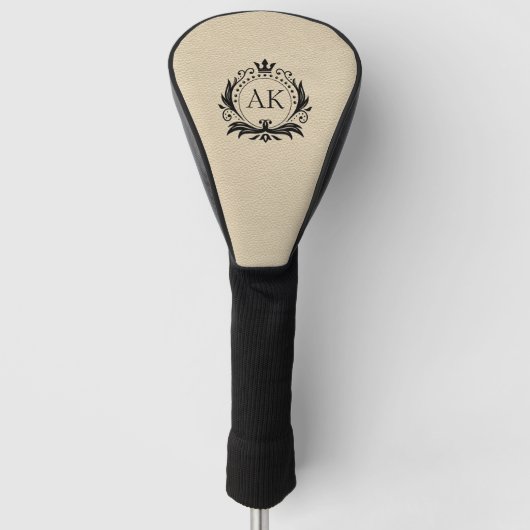 Stijlvol zwart luxeleer en kroonbeige lijst golfheadcover (Voorkant)