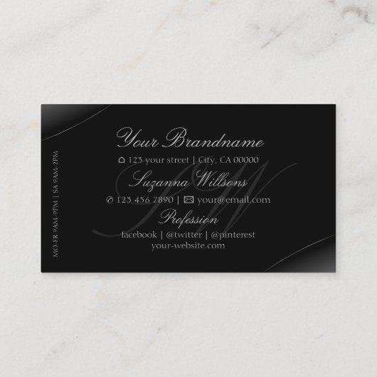 Stijlvol zwart met zilveren rand en monogram-koel visitekaartje (Achterkant)