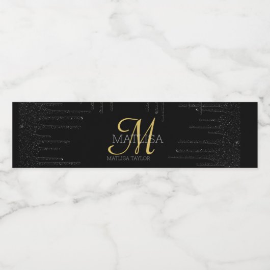 Stijlvol zwart monogram drift zwart Gold Script Waterfles Etiket (Enkel label)