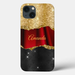 Stijlvol zwart monogram Glitter Red Gold Case-Mate iPhone Case