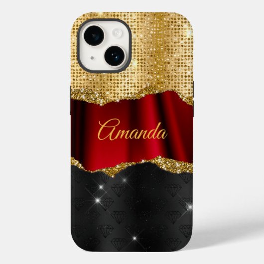 Stijlvol zwart monogram Glitter Red Gold Case-Mate iPhone Case (Achterkant)