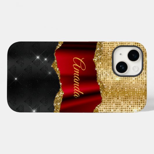 Stijlvol zwart monogram Glitter Red Gold Case-Mate iPhone Case (Achterkant (horizontaal))