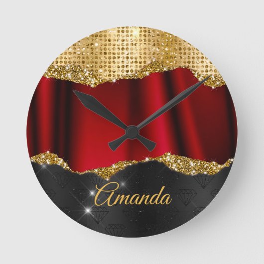 Stijlvol zwart monogram Glitter Red Gold Ronde Klok (Voorkant)