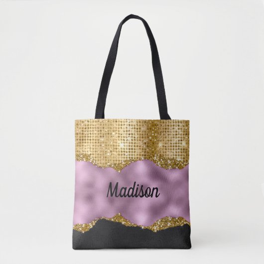 Stijlvol zwart monogram Glitter Violet Gold Tote Bag (Voorkant)