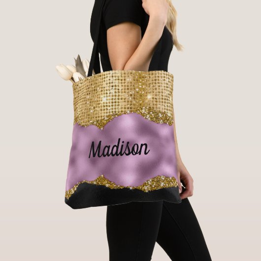 Stijlvol zwart monogram Glitter Violet Gold Tote Bag (Dichtbij)