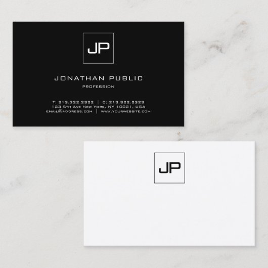 Stijlvol zwart monogram - White Plain Professional Visitekaartje (Voorkant / Achterkant)