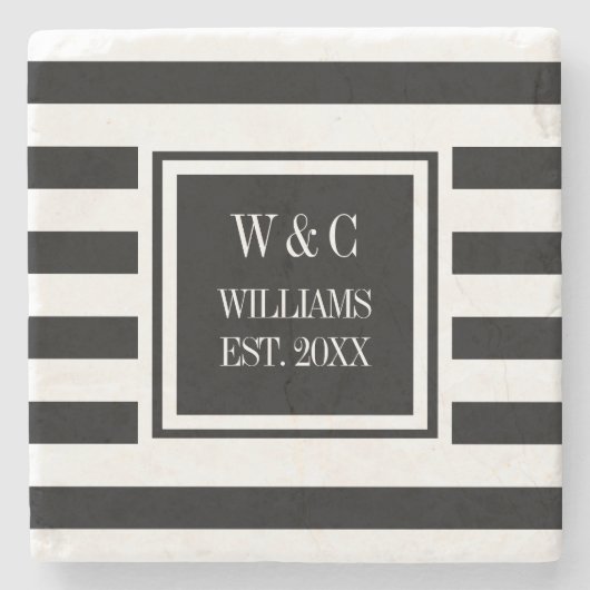 Stijlvol zwart monogram witte streep stenen onderzetter (Voorkant)