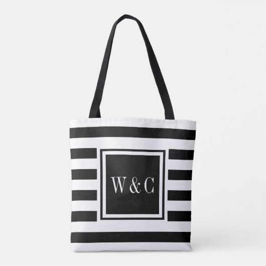 Stijlvol zwart monogram witte streep tote bag (Achterkant)