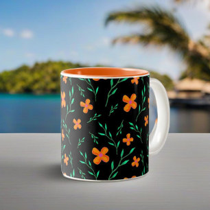 Stijlvol zwart oranje aquarel bloempatroon tweekleurige koffiemok