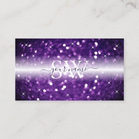 Stijlvol zwart Paars mousserend glitter-monogram Visitekaartje (Voorkant)