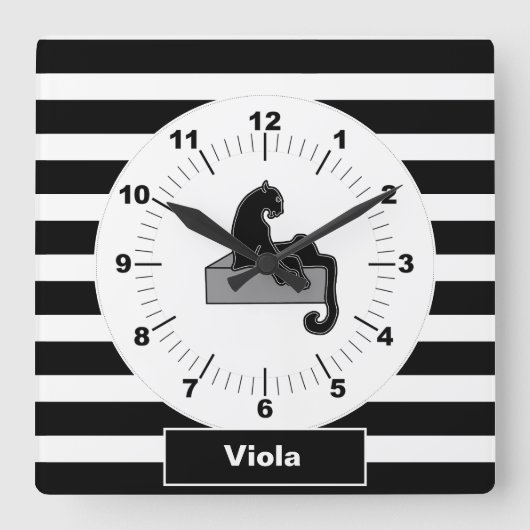 Stijlvol zwart pantherkat — wit modern vierkante klok (Voorkant)