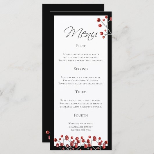 Stijlvol Zwart Rood Berry 4 Course Wedding Menu (Voorkant / Achterkant)