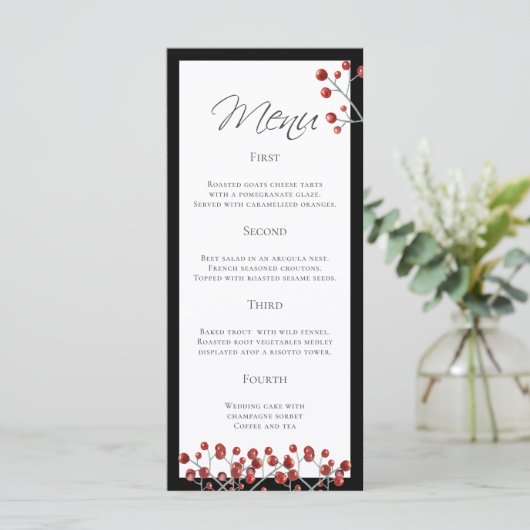 Stijlvol Zwart Rood Berry 4 Course Wedding Menu (Staand voorkant)