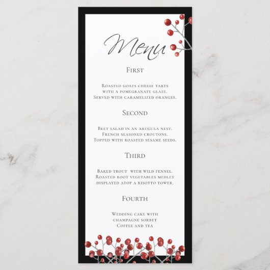 Stijlvol Zwart Rood Berry 4 Course Wedding Menu (Voorkant)