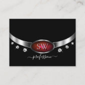 Stijlvol zwart rood marmer en zilver met monogram visitekaartje (Voorkant)