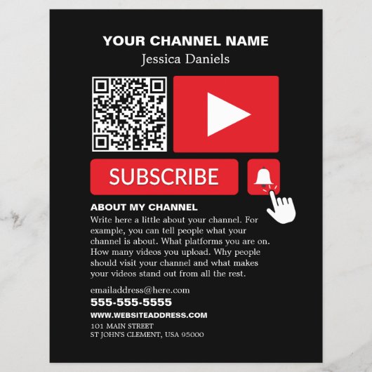Stijlvol Zwart & Rood - QR Code, Youtube - Vlogger Flyer (Voorkant)