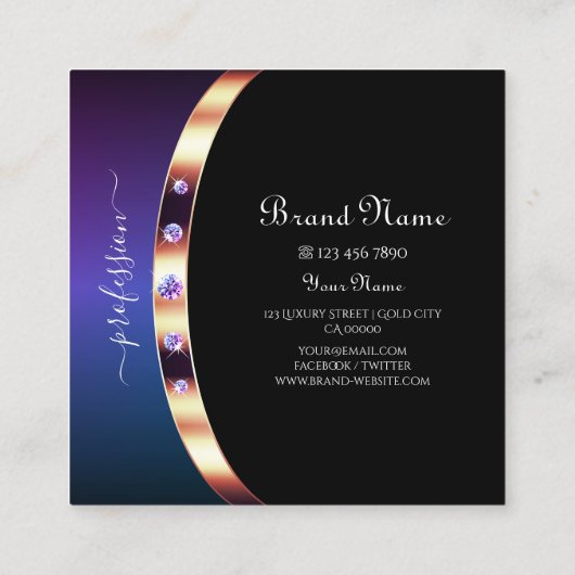 Stijlvol zwart Roos Gold en Paars met Initialen Vierkante Visitekaartje (Achterkant)