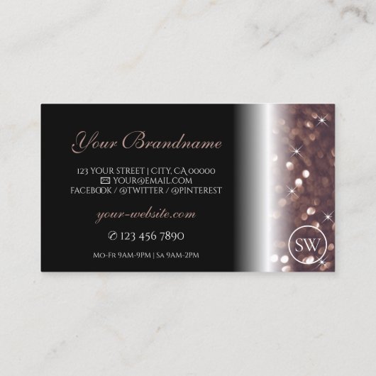 Stijlvol zwart Roos Gold Glitter Initialen Visitekaartje (Achterkant)