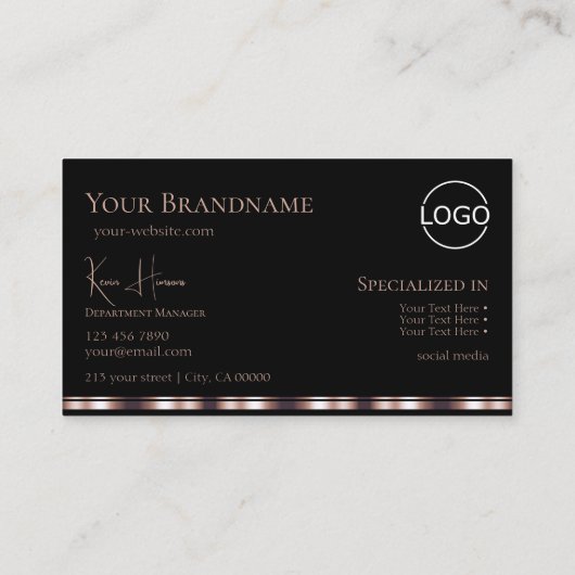 Stijlvol zwart Roos Gold met monogram en Logo Visitekaartje (Achterkant)