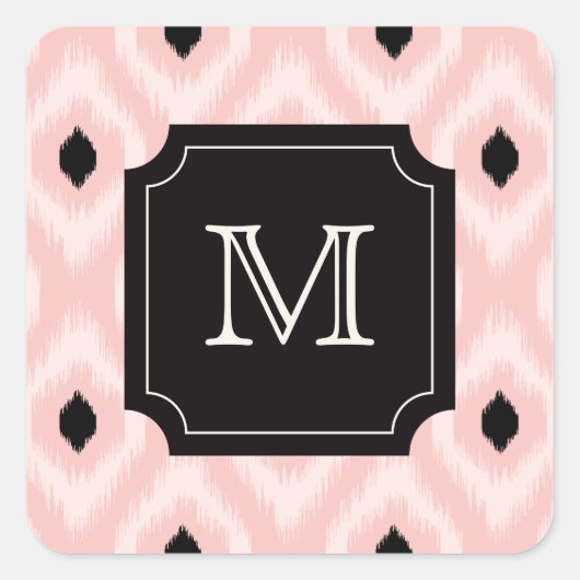 Stijlvol zwart Roze Diamond Ikat Monogram Vierkante Sticker (Voorkant)