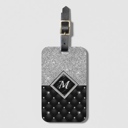Stijlvol zwart ruitmonogram Crystal Silver Bagagelabel (Voorkant (verticaal))